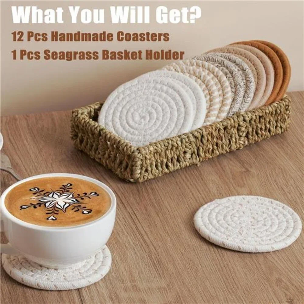 12 Pcs Handmade Boho  Coasters with Seagrass Basket Holder Set,